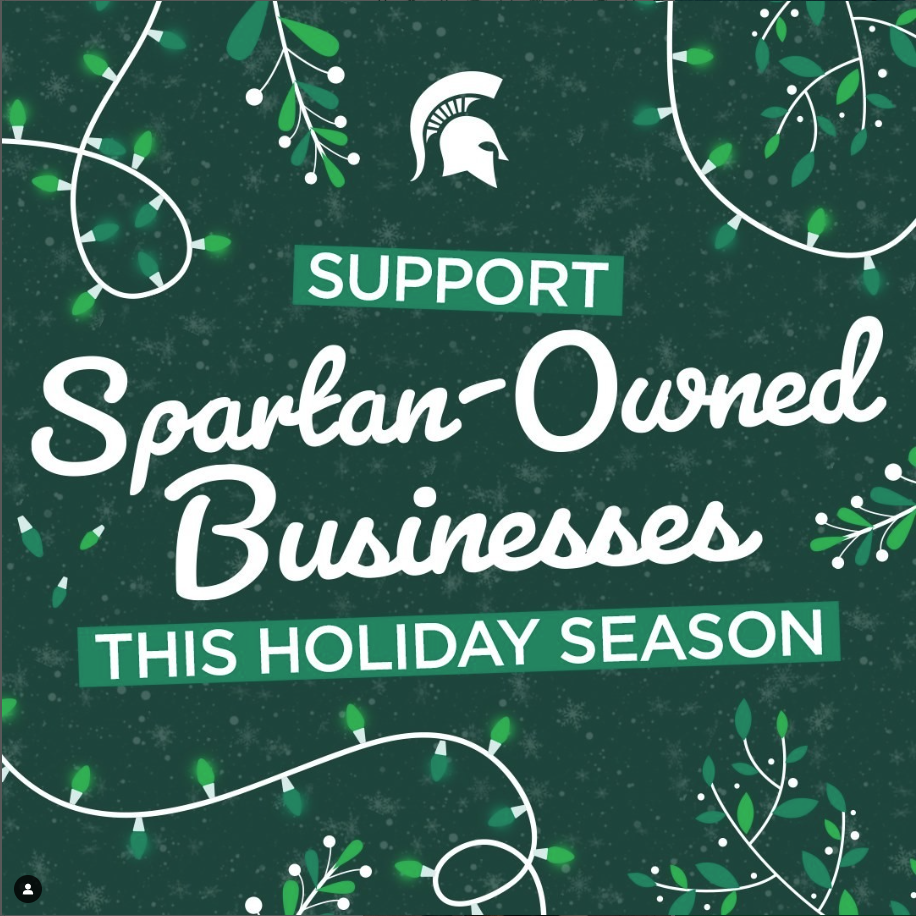 Screenshot of Spartan Gift Guide promotional asset that reads, "Support Spartan-Owned Businesses This Holiday Season."