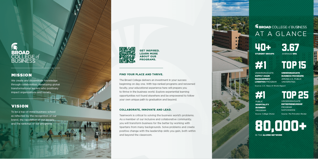 Screenshot of the inside of a Broad College undergraduate admissions marketing booklet.