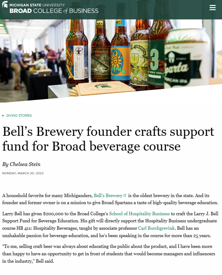 Screenshot of Bell's Brewery gift article on Broad College website.