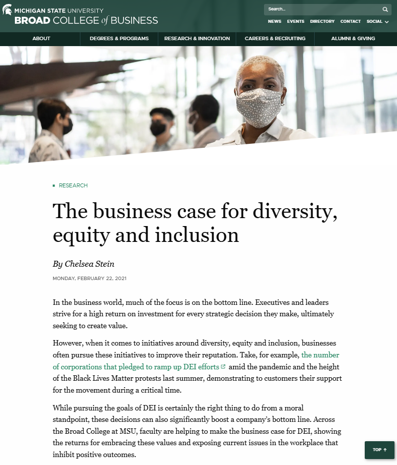 Screenshot of DEI research article on Broad College website.