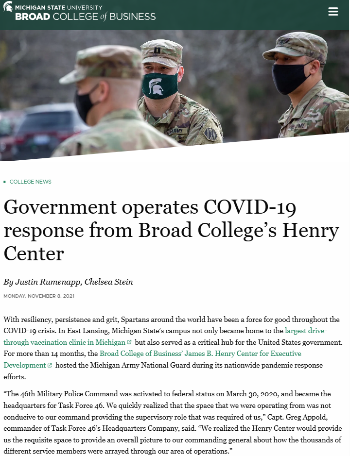 Screenshot of government COVID-19 response article on Broad College website.