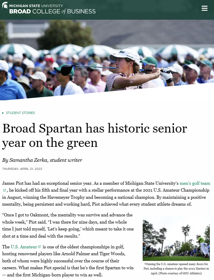 Screenshot of student golfer article on Broad College website.