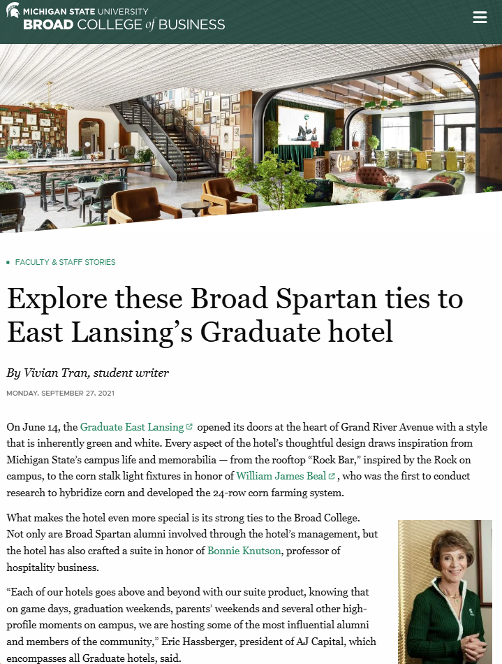 Screenshot of East Lansing hotel article on Broad College website.