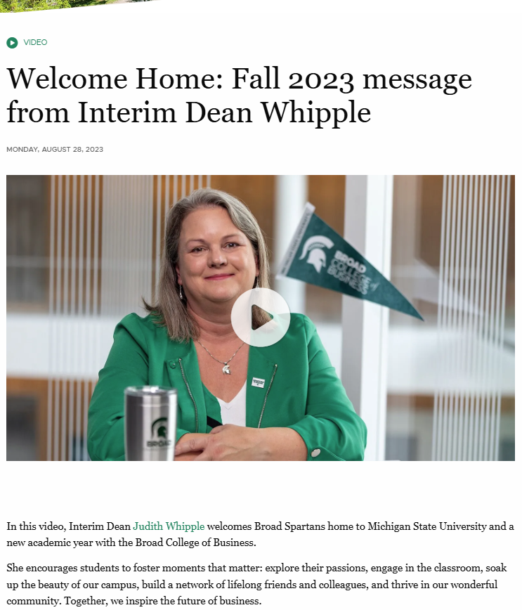 Screenshot of video thumbnail and written welcome article on Broad College website from the dean.