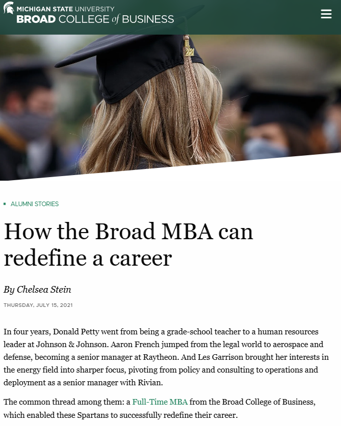 Screenshot of MBA article on Broad College website.