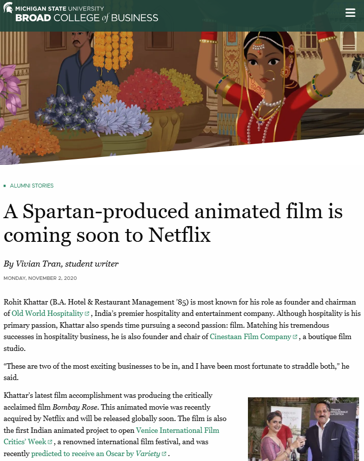 Screenshot of Netflix animated film article on Broad College website.