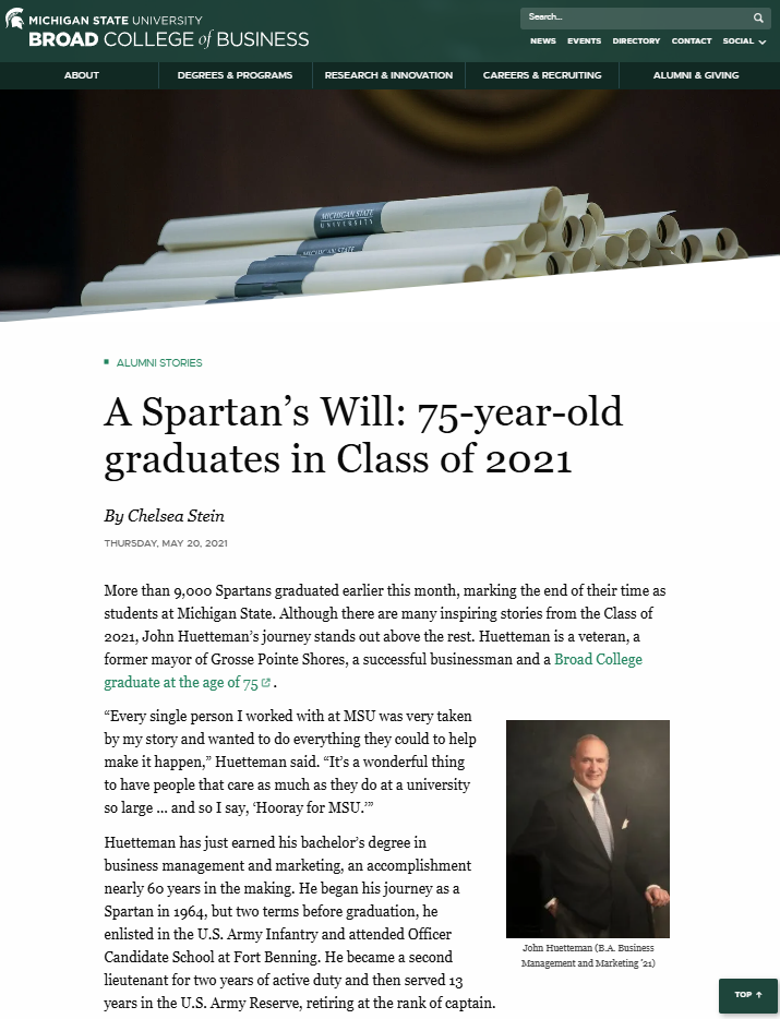 Screenshot of 75-year-old graduate article on Broad College website.