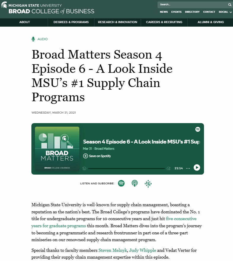 Screenshot of podcast episode audio player and description on Broad College website.