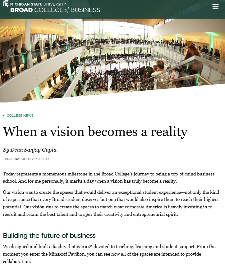 Screenshot of building opening article on Broad College website from the dean.