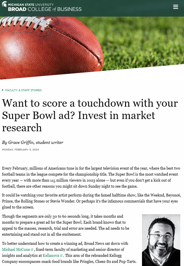 Screenshot of SuperBowl article on Broad College website.