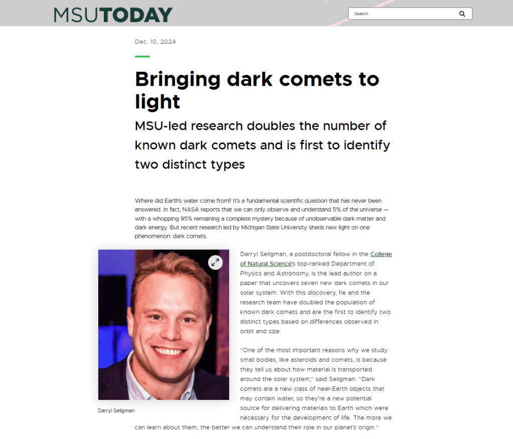 Screenshot of astronomy research article on MSUToday website.