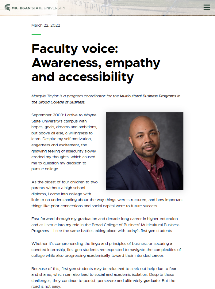 Screenshot of staff article on MSUToday website.