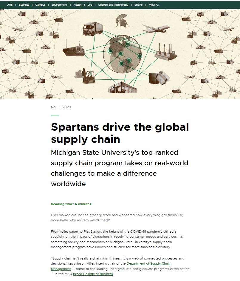 Screenshot of supply chain management article on MSUToday website.