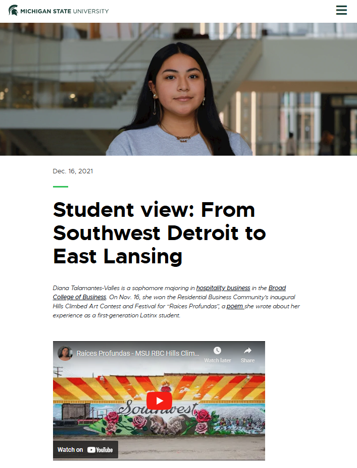 Screenshot of video thumbnail and written article from first-generation student on MSUToday website.