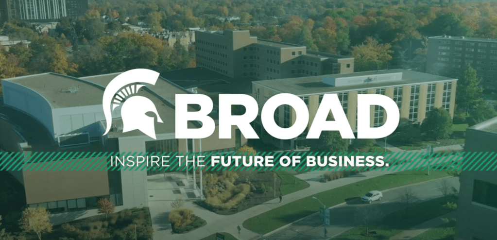 Screenshot of Broad College anthem video thumbnail with "inspire the future of business" under the Broad College logo over an aerial view of the Minkoff Pavilion on campus.